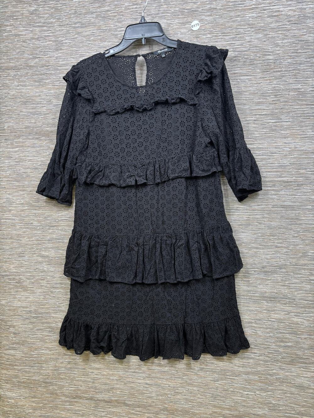 Madewell Dress Womens 6 Black Eyelet Lace Ruffle Shift 3/4 Sleeve Knee Length